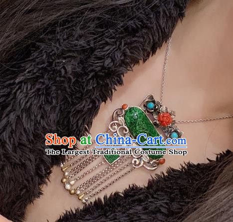 Handmade Chinese Traditional Agate Peony Necklace Accessories National Silver Tassel Jade Necklet Pendant