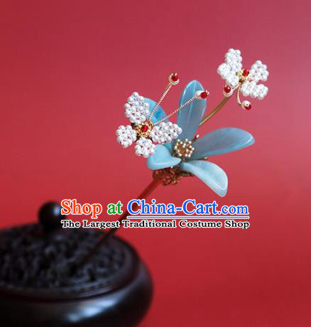 China Classical Hanfu Beads Butterfly Hair Stick Traditional Ming Dynasty Princess Blue Flower Hairpin