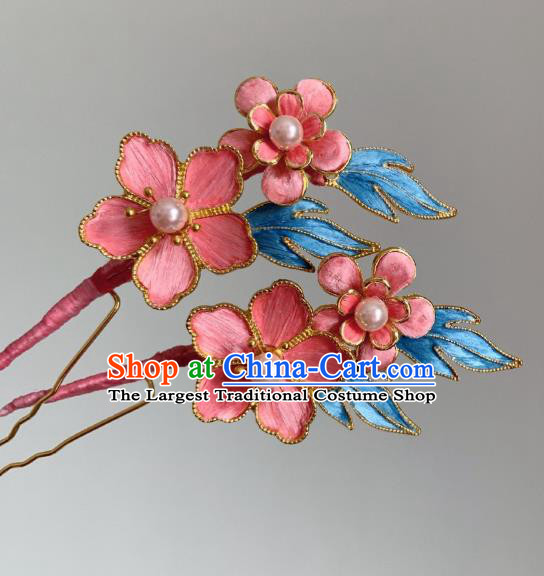 China Classical Velvet Hairpin Traditional Qing Dynasty Pink Plum Hair Stick