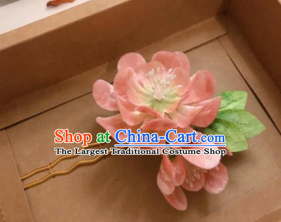 China Traditional Qing Dynasty Hair Stick Classical Pink Velvet Peony Hairpin