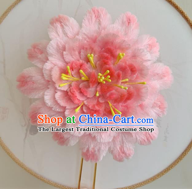 Traditional China Ancient Qing Dynasty Queen Hair Stick Classical Pink Velvet Peony Hairpin