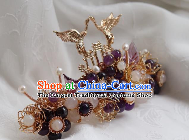 China Traditional Ming Dynasty Golden Crane Hairpin Classical Amethyst Plum Hair Crown