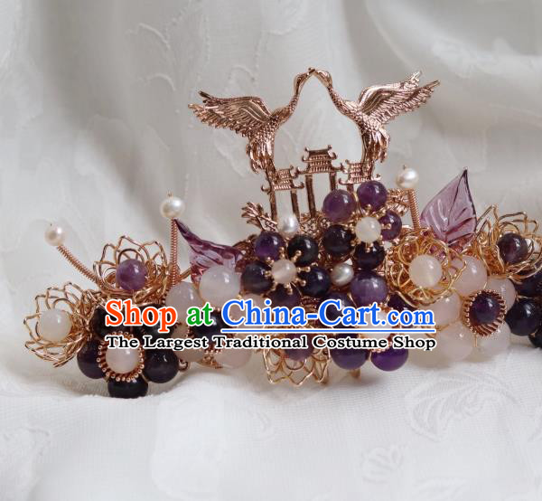 China Traditional Ming Dynasty Golden Crane Hairpin Classical Amethyst Plum Hair Crown