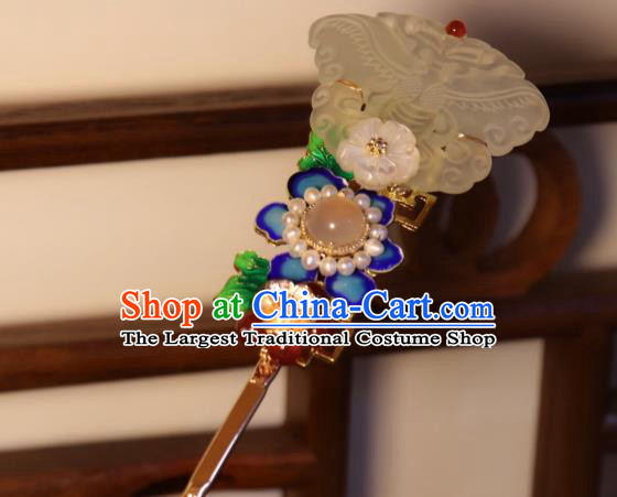 China Traditional Qing Dynasty Jade Butterfly Hairpin Classical Blueing Flower Hair Stick