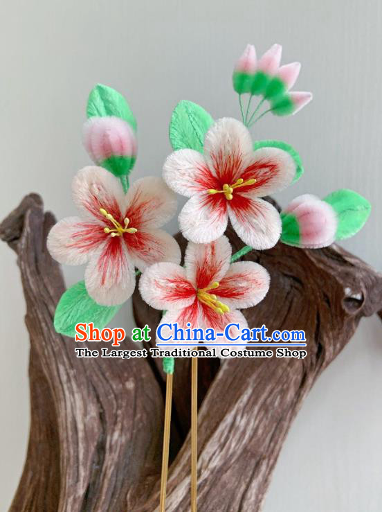 China Classical Velvet Peach Blossom Hairpin Traditional Qing Dynasty Palace Lady Flower Hair Stick