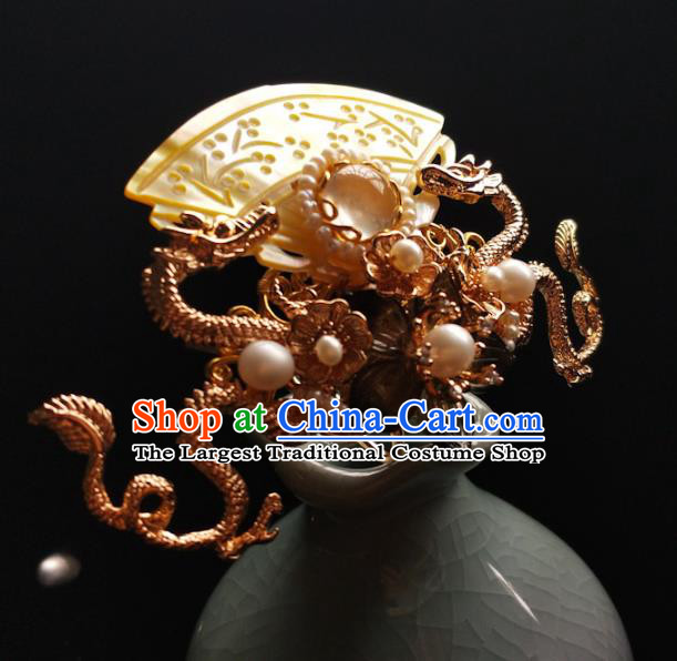 China Ancient Empress Golden Dragon Hairpin Traditional Ming Dynasty Shell Hair Crown