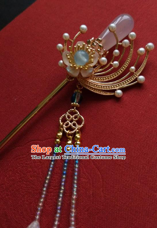 China Ancient Princess Rose Quartz Hairpin Traditional Ming Dynasty Beads Tassel Hair Clip