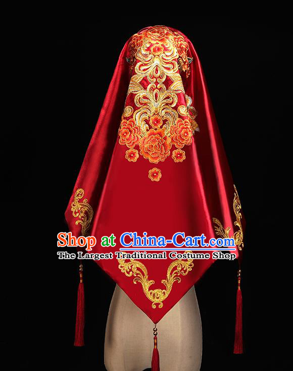 Chinese Traditional Wedding Accessories Embroidered Peony Red Bridal Veil