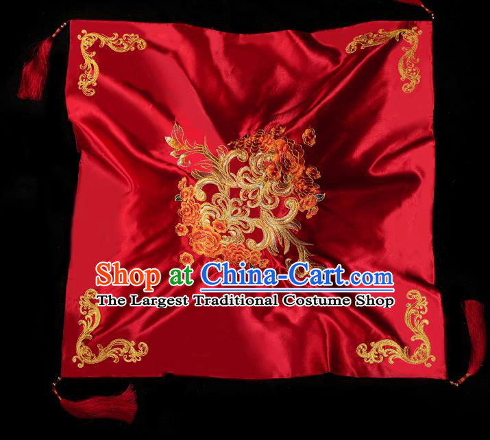 Chinese Traditional Wedding Accessories Embroidered Peony Red Bridal Veil