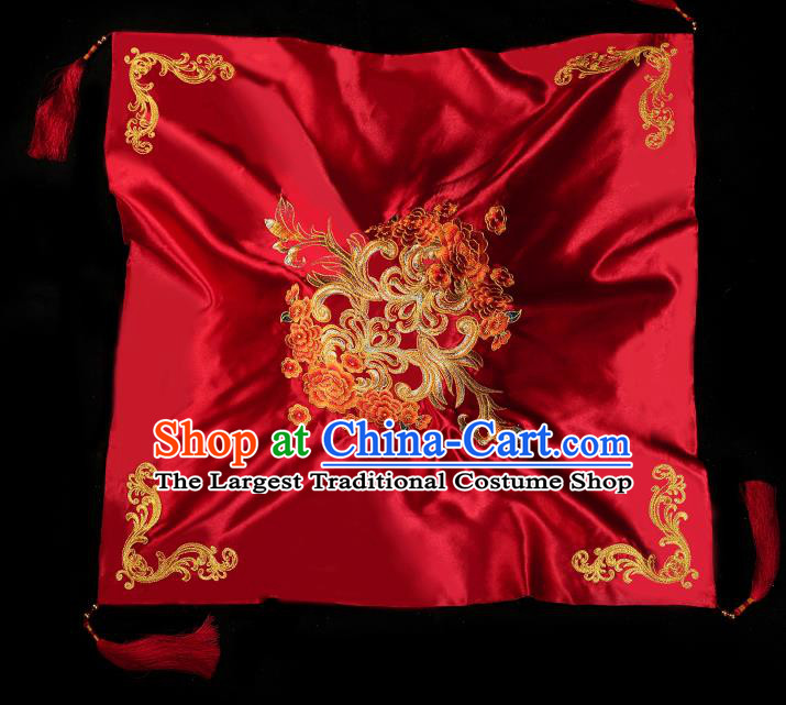 Chinese Traditional Wedding Accessories Embroidered Peony Red Bridal Veil