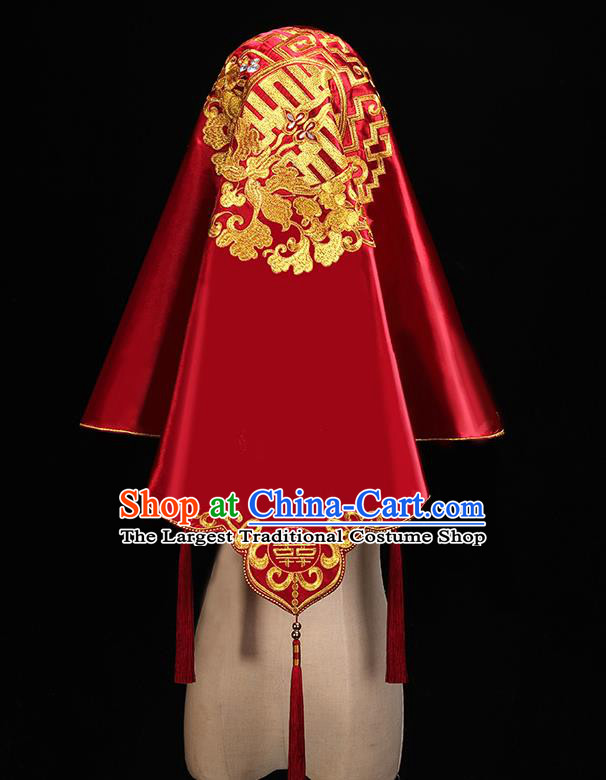 Chinese Traditional Wedding Headdress Embroidered Red Satin Bridal Veil Accessories