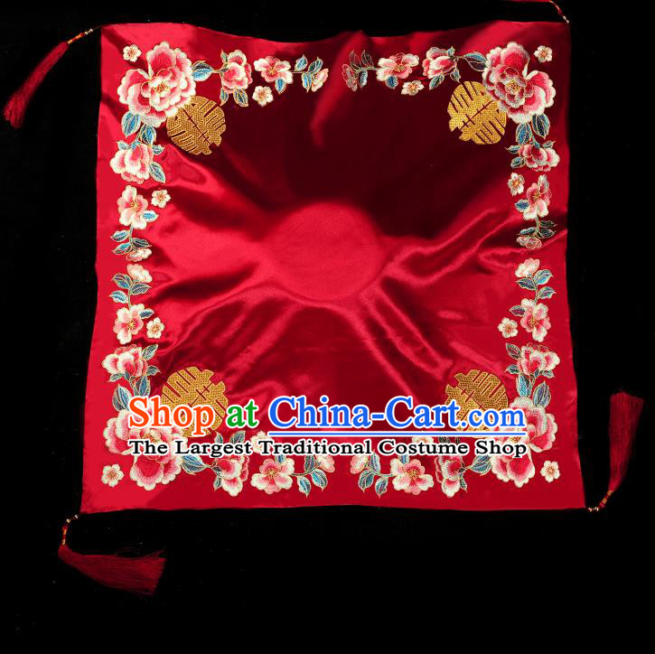 Chinese Embroidered Peony Red Satin Bridal Veil Accessories Traditional Wedding Headdress