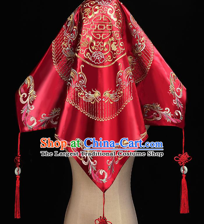 Chinese Embroidered Phoenix Red Satin Bridal Veil Traditional Wedding Xiuhe Suit Headdress