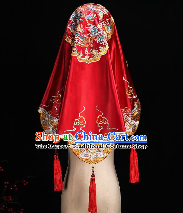 Chinese Embroidered Red Satin Bridal Veil Traditional Wedding Headdress Xiuhe Suit Accessories