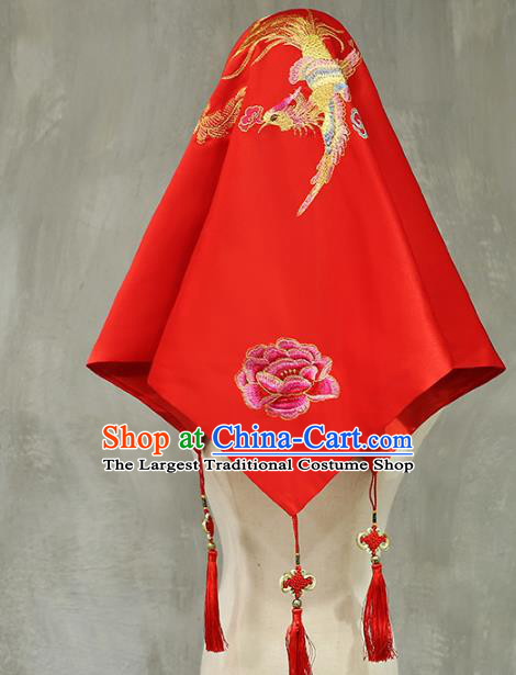 Chinese Xiuhe Suit Accessories Embroidered Phoenix Peony Red Satin Bridal Veil Traditional Wedding Headdress