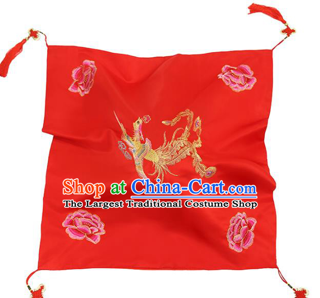 Chinese Xiuhe Suit Accessories Embroidered Phoenix Peony Red Satin Bridal Veil Traditional Wedding Headdress