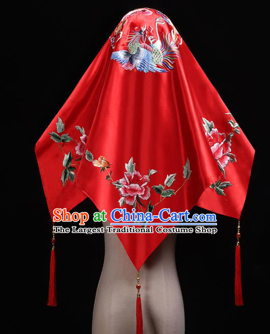 Chinese Embroidered Phoenix Peony Red Satin Bridal Veil Traditional Wedding Headdress Classical Xiuhe Suit Accessories