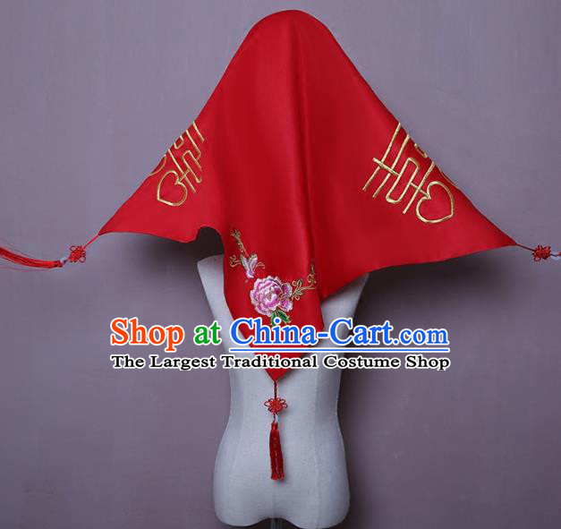 Chinese Classical Xiuhe Suit Red Satin Accessories Traditional Wedding Headwear Embroidered Peony Butterfly Bridal Veil