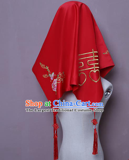 Chinese Classical Xiuhe Suit Red Satin Accessories Traditional Wedding Headwear Embroidered Peony Butterfly Bridal Veil