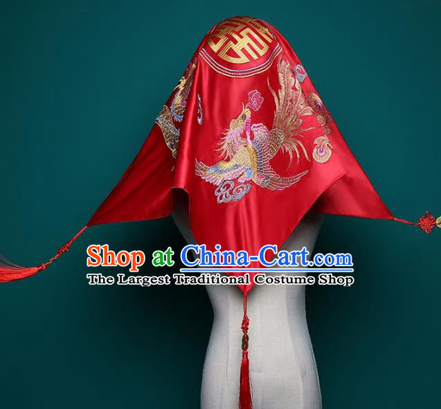 Chinese Traditional Xiuhe Suit Hair Accessories Classical Wedding Headdress Embroidered Phoenix Red Satin Bridal Veil