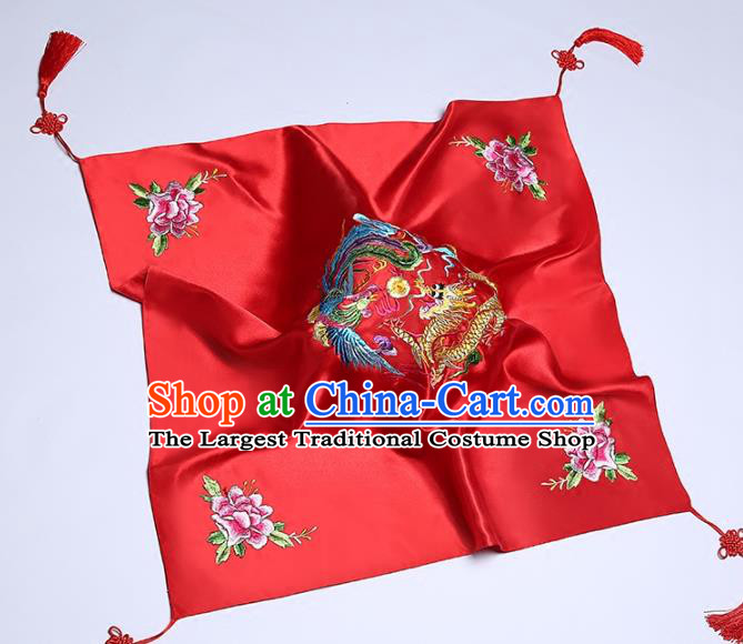 Chinese Traditional Embroidered Dragon Phoenix Red Satin Bridal Veil Classical Wedding Headdress