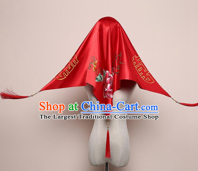 Chinese Traditional Embroidered Peony Bridal Veil Classical Wedding Headdress Red Satin Kerchief