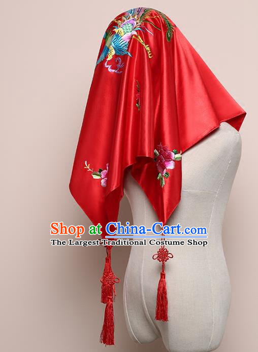 Chinese Classical Wedding Headdress Red Satin Kerchief Traditional Embroidered Phoenix Peony Bridal Veil