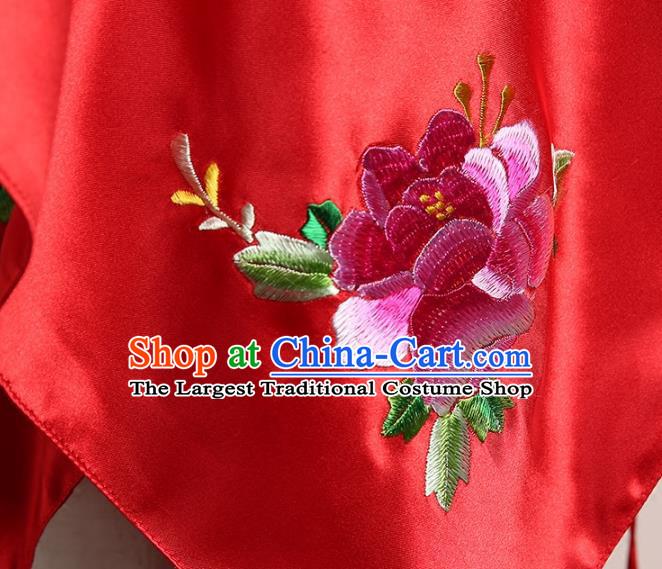 Chinese Classical Wedding Headdress Red Satin Kerchief Traditional Embroidered Phoenix Peony Bridal Veil