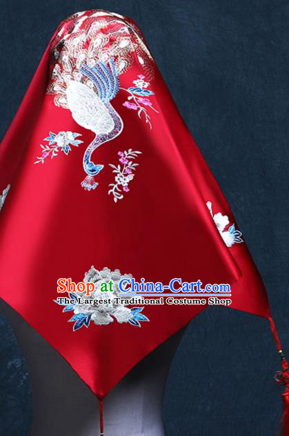 Chinese Red Satin Kerchief Traditional Embroidered Peacock Peony Bridal Veil Classical Wedding Headdress