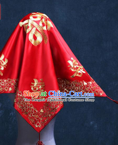 Chinese Classical Headdress Wedding Red Satin Kerchief Traditional Embroidered Bridal Veil