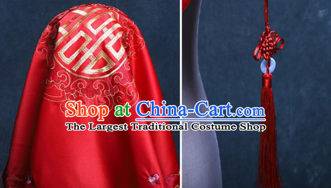 Chinese Wedding Red Satin Kerchief Traditional Embroidered Bridal Veil Classical Headdress