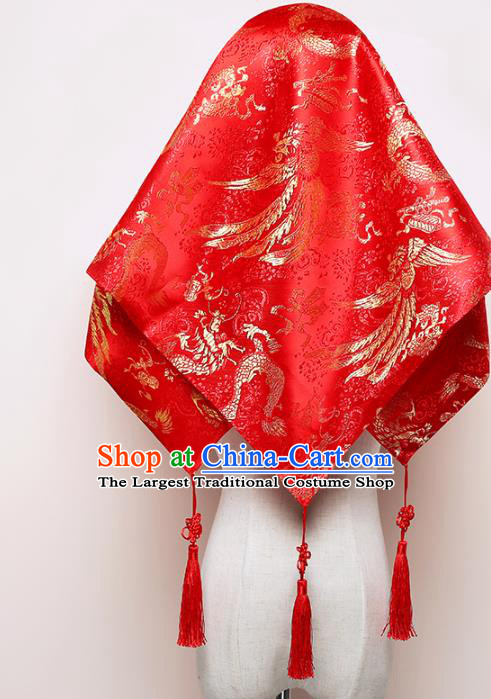 Chinese Classical Dragon Phoenix Pattern Headdress Traditional Bridal Veil Wedding Red Brocade Kerchief