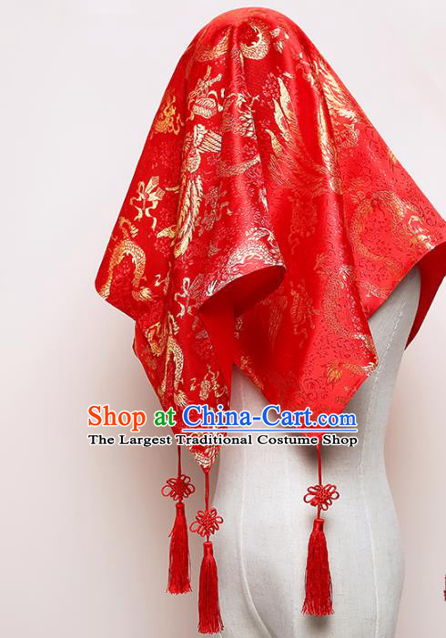 Chinese Classical Dragon Phoenix Pattern Headdress Traditional Bridal Veil Wedding Red Brocade Kerchief