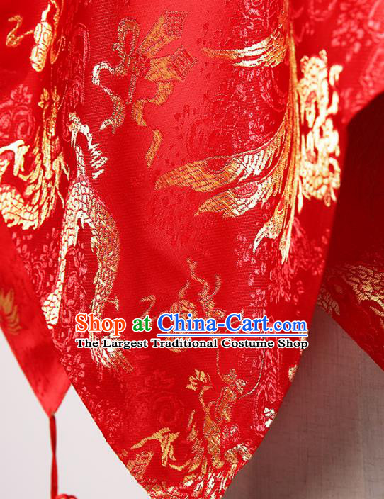 Chinese Classical Dragon Phoenix Pattern Headdress Traditional Bridal Veil Wedding Red Brocade Kerchief