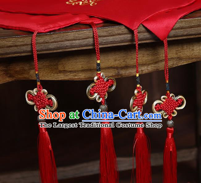Chinese Traditional Xiuhe Suit Accessories Embroidered Phoenix Red Satin Bridal Veil Classical Wedding Headwear
