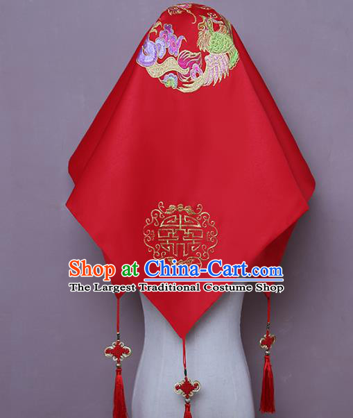 Chinese Traditional Xiuhe Suit Accessories Embroidered Phoenix Red Satin Bridal Veil Classical Wedding Headwear