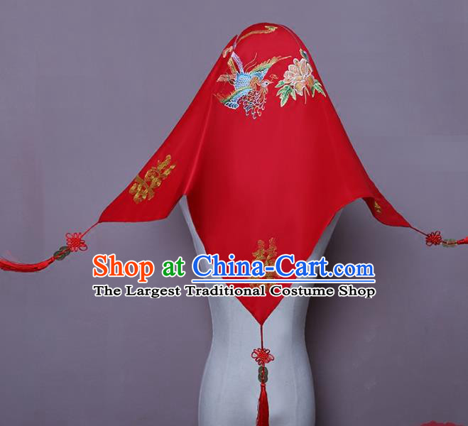 Chinese Embroidered Phoenix Peony Red Satin Bridal Veil Classical Wedding Headdress Traditional Xiuhe Suit Accessories