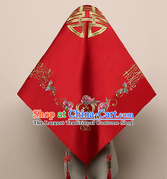 Chinese Classical Wedding Headdress Embroidered Red Satin Bridal Veil Traditional Xiuhe Suit Hair Accessories