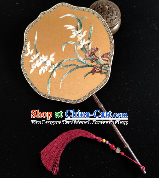Chinese Traditional Song Dynasty Princess Palace Fan Handmade Embroidered Orchids Silk Fan