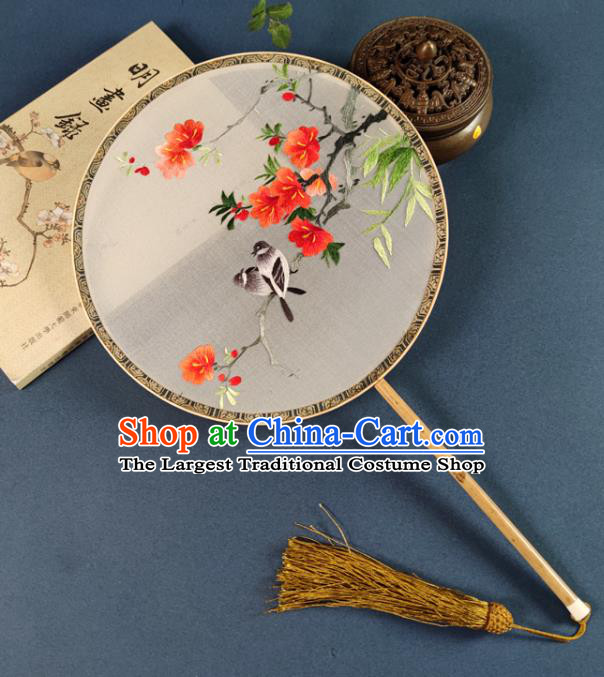Chinese Traditional Hanfu Circular Fan Silk Fan Handmade Embroidered Flower Bird Palace Fan