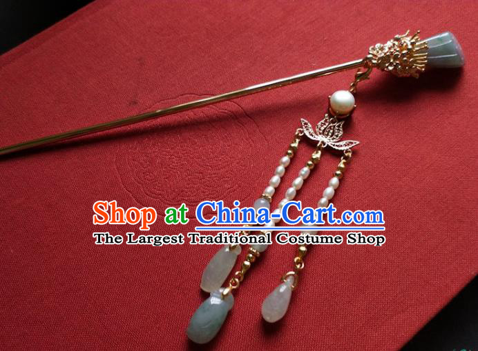 China Ancient Princess Aventurine Hairpin Traditional Ming Dynasty Pearls Tassel Hair Stick