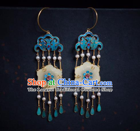 Chinese Jade Plum Blossom Earrings Traditional Culture Jewelry Ancient Qing Dynasty Blueing Ear Accessories