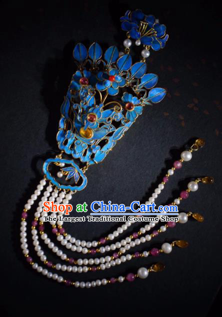 Chinese Qing Dynasty Empress Pearls Tassel Hairpin Traditional Hair Jewelry Ancient Empress Blueing Phoenix Hair Crown