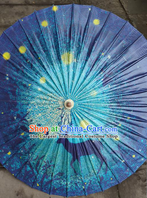 China Classical Printing Deer Umbrella Handmade Dance Umbrellas Craft Traditional Blue Oil Paper Umbrella