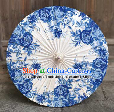 China Handmade Umbrellas Traditional Printing Blue Peony Oil Paper Umbrella Classical Dance Umbrella
