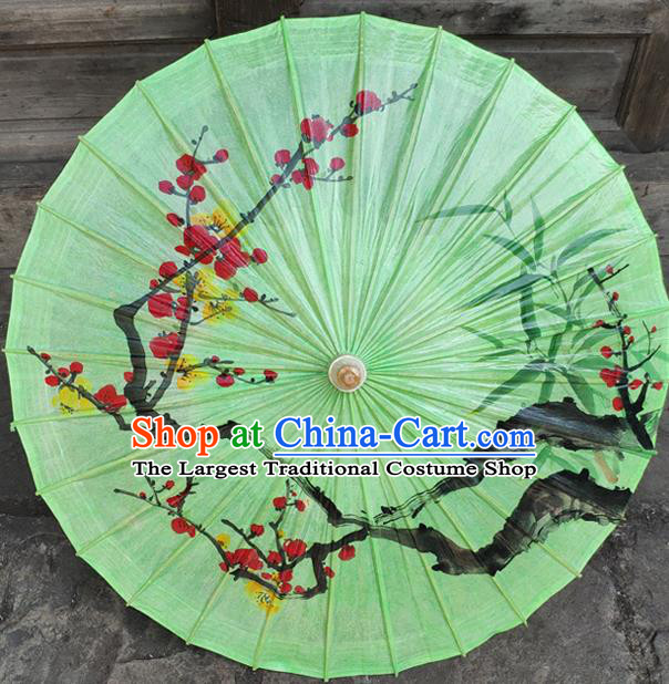 China Handmade Craft Classical Ink Painting Plum Bamboo Umbrellas Traditional Green Oil Paper Umbrella