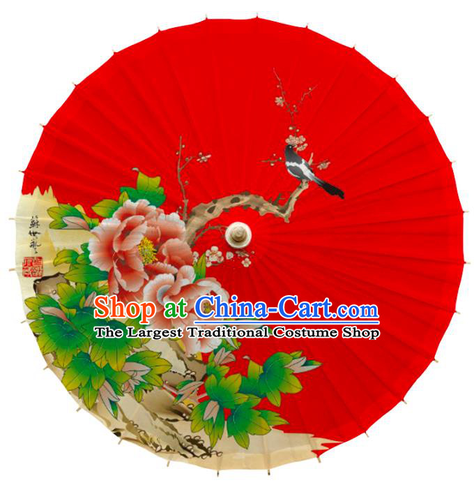 China Traditional Wedding Bride Umbrella Handmade Printing Peony Plum Red Oil Paper Umbrella