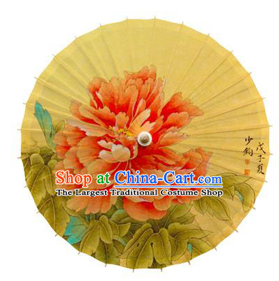 China Traditional Yellow Paper Umbrella Handmade Painting Peony Oil Paper Umbrella