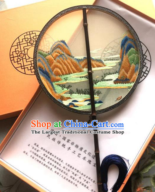 Chinese Traditional Embroidered Landscape Palace Fan Classical Silk Fan Handmade Circular Fan