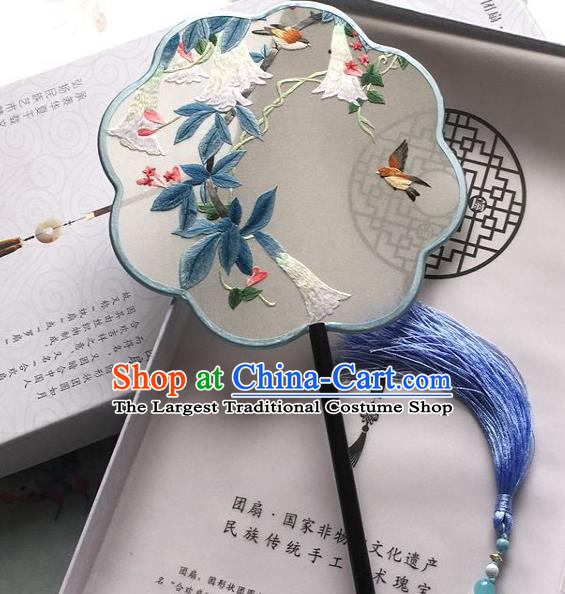 Chinese Handmade Hanfu Fan Traditional Embroidered Flowers Bird Palace Fan Classical Dance Silk Fan
